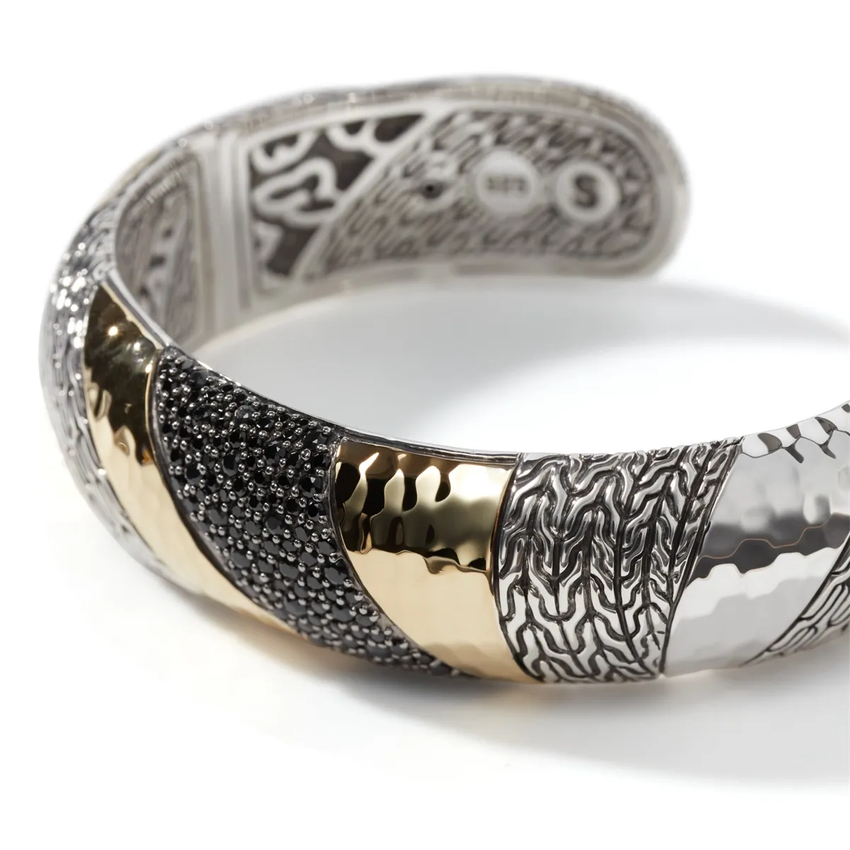 John Hardy Classic Chain Silver & 18K Gold Hammered Cuff Bracelet w/treated Black Sapphire & Black Spinel