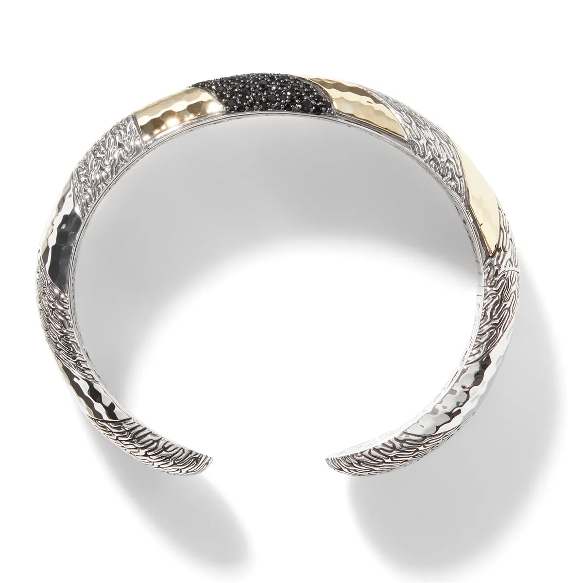 John Hardy Classic Chain Silver & 18K Gold Hammered Cuff Bracelet w/treated Black Sapphire & Black Spinel