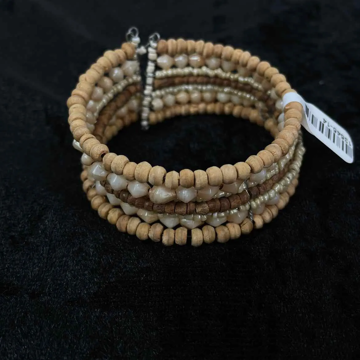 Light Brown Wood Beaded Cuff Sleeve Bracelet