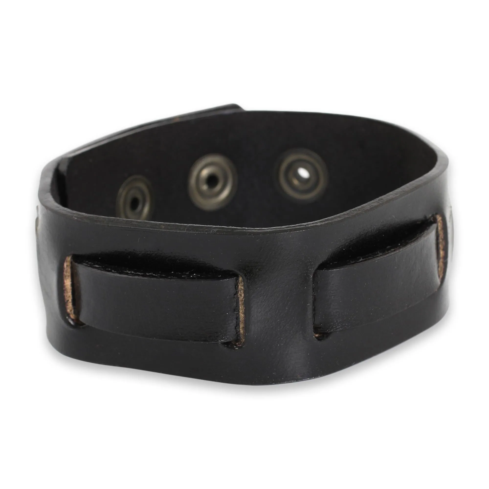 Men's Black Leather Wristband Bracelet Crafted by Hand - Journey in Black | NOVICA