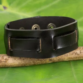Men's Black Leather Wristband Bracelet Crafted by Hand - Journey in Black | NOVICA