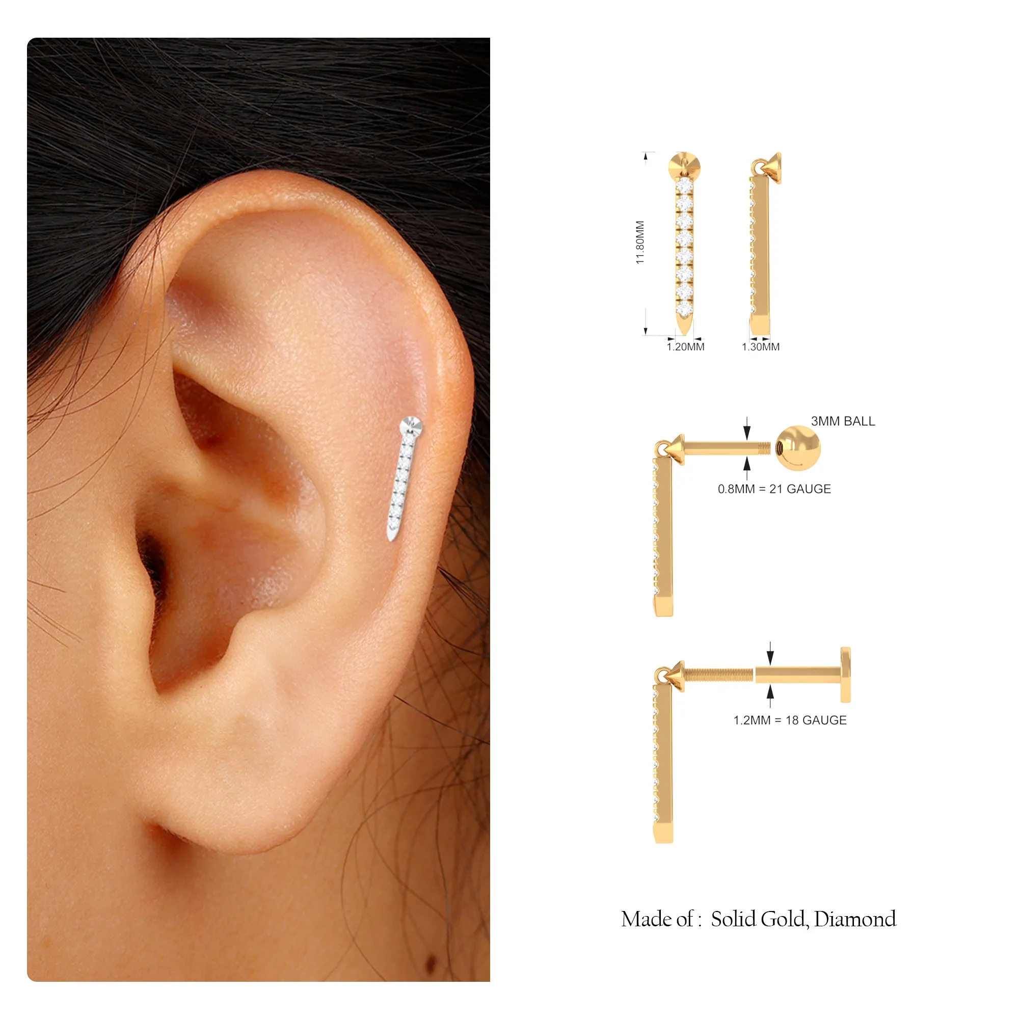 Minimalist Diamond Line Bar Earring for Helix Piercing