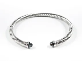 Modern Thin Cable Wire Texture With Dainty Black Crystal Duo Ends Brass Cuff Bangle
