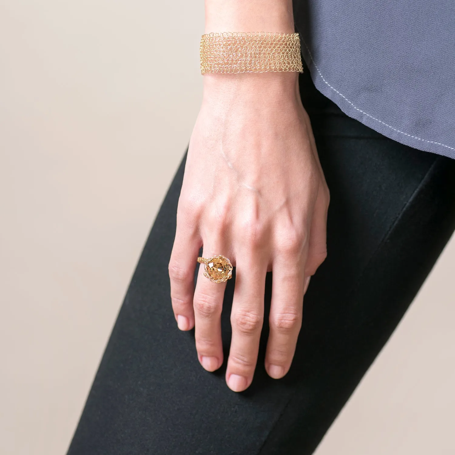 Narrow gold cuff bracelet Knitted jewelry