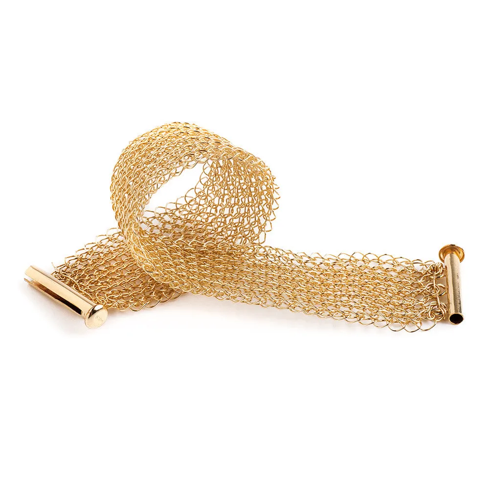 Narrow gold cuff bracelet Knitted jewelry
