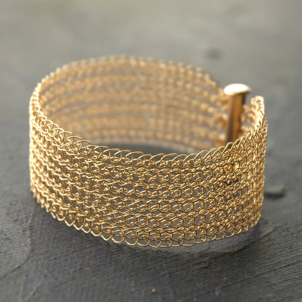 Narrow gold cuff bracelet Knitted jewelry