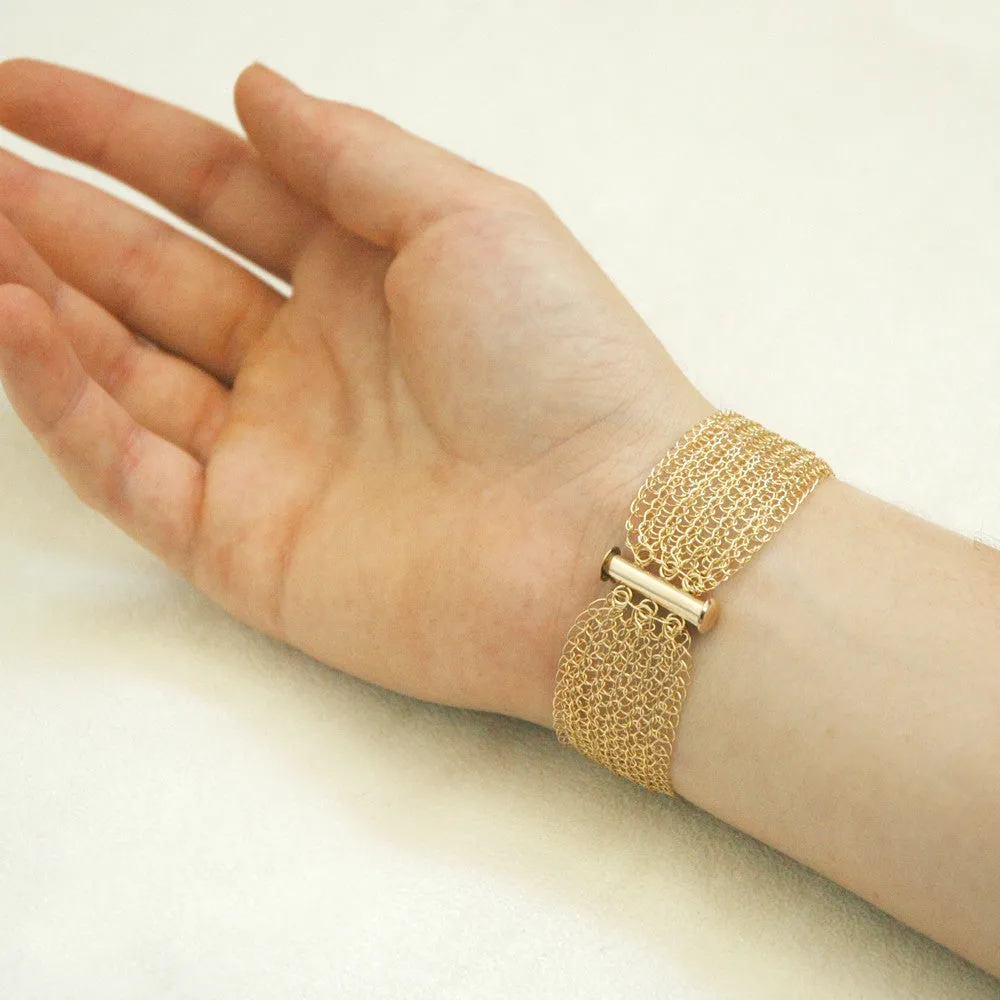 Narrow gold cuff bracelet Knitted jewelry