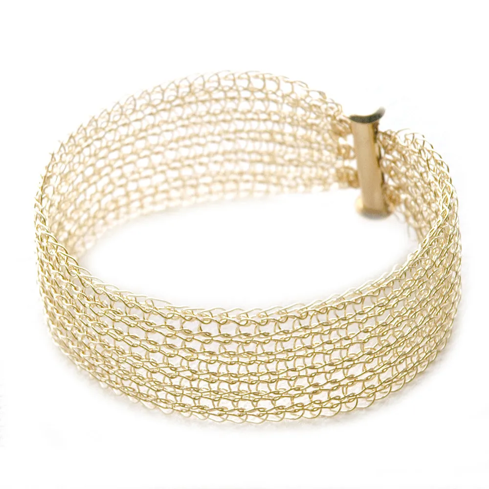 Narrow gold cuff bracelet Knitted jewelry