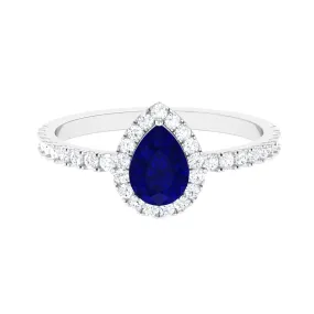 Natural Blue Sapphire and Diamond Teardrop Halo Engagement Ring