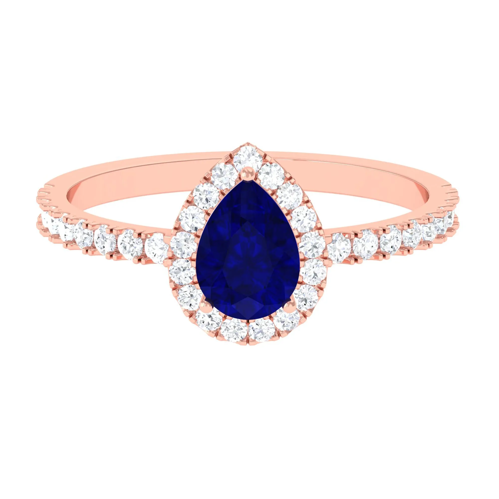 Natural Blue Sapphire and Diamond Teardrop Halo Engagement Ring