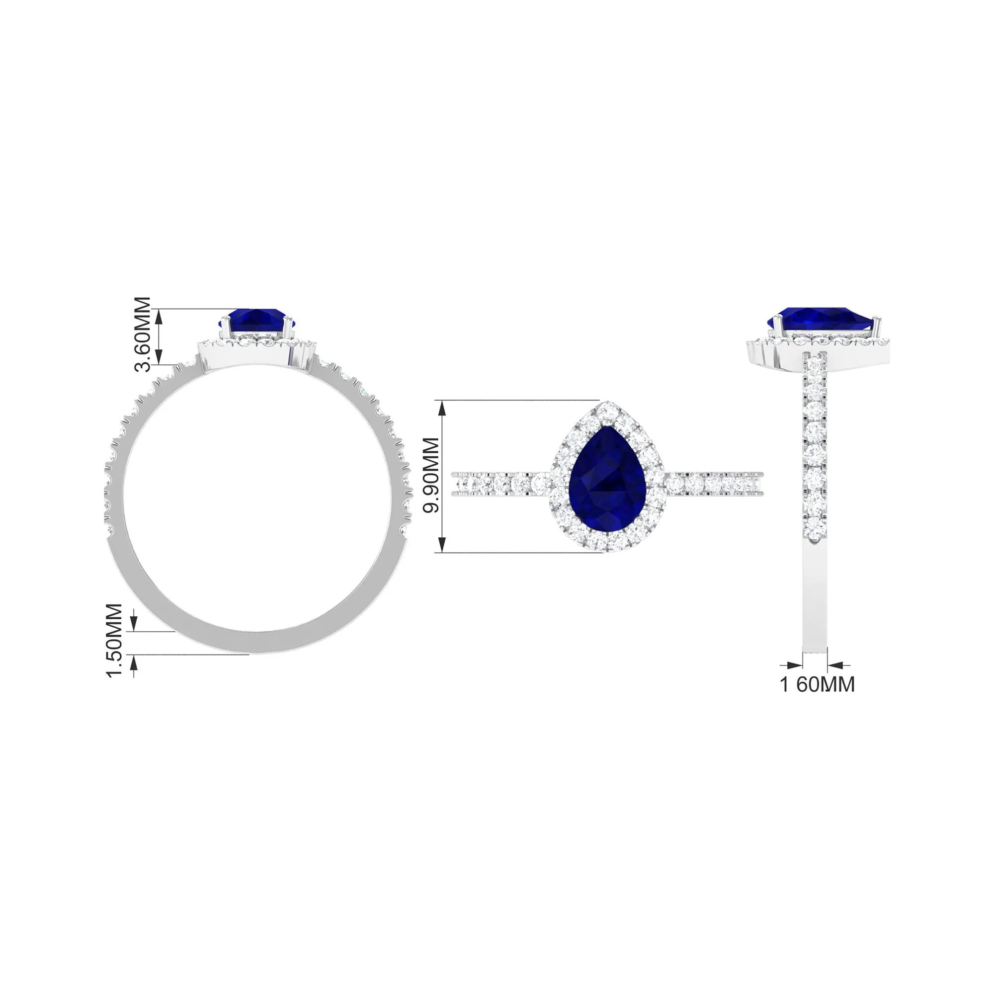 Natural Blue Sapphire and Diamond Teardrop Halo Engagement Ring