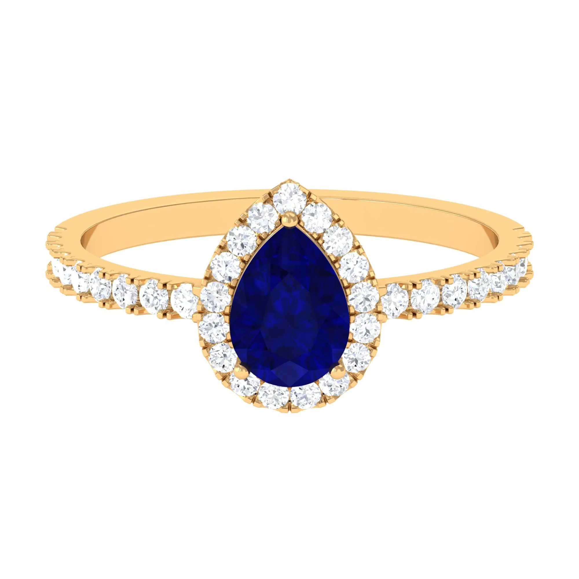 Natural Blue Sapphire and Diamond Teardrop Halo Engagement Ring