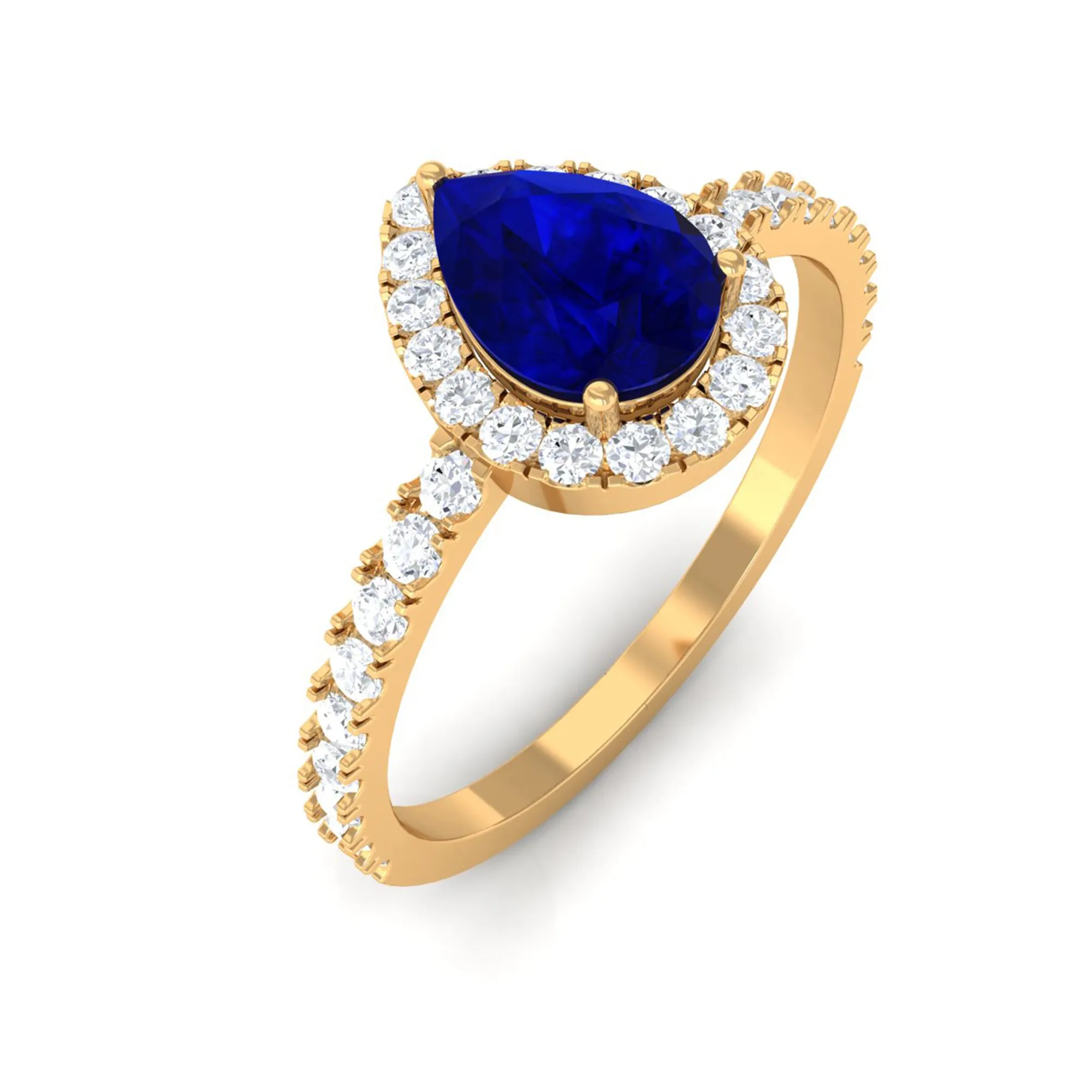Natural Blue Sapphire and Diamond Teardrop Halo Engagement Ring