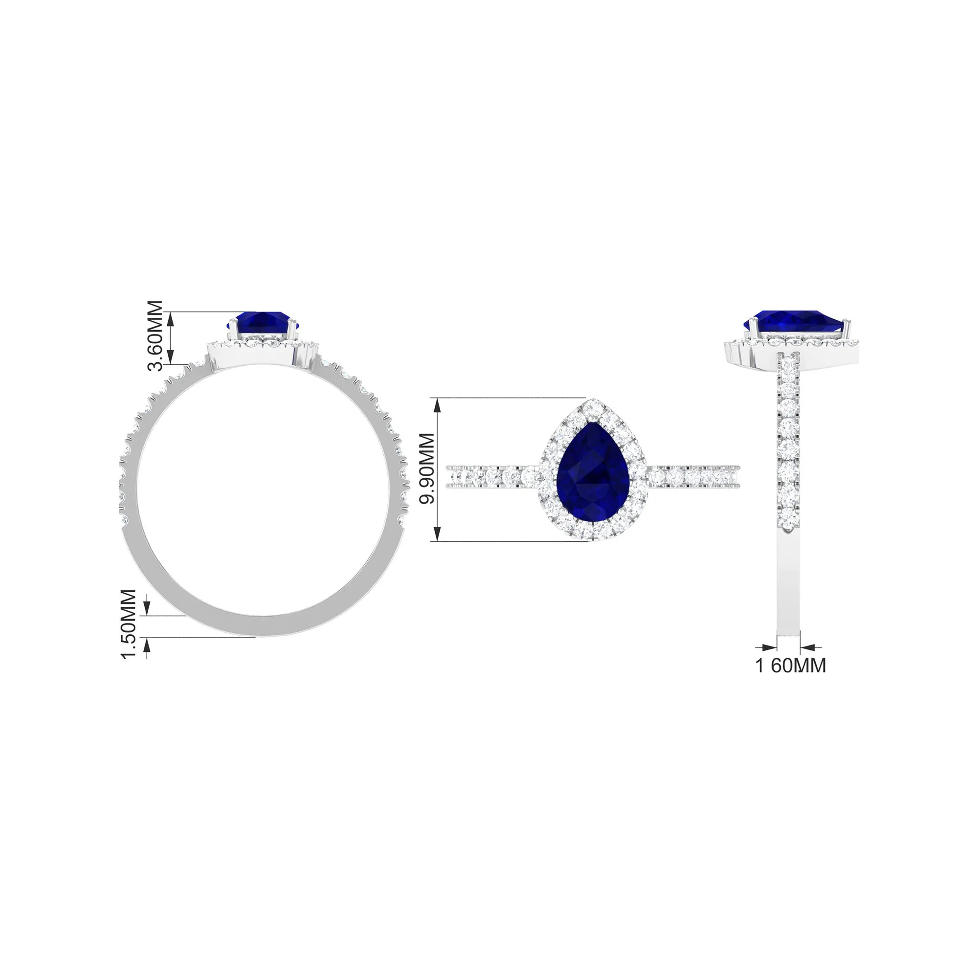 Natural Blue Sapphire and Diamond Teardrop Halo Engagement Ring