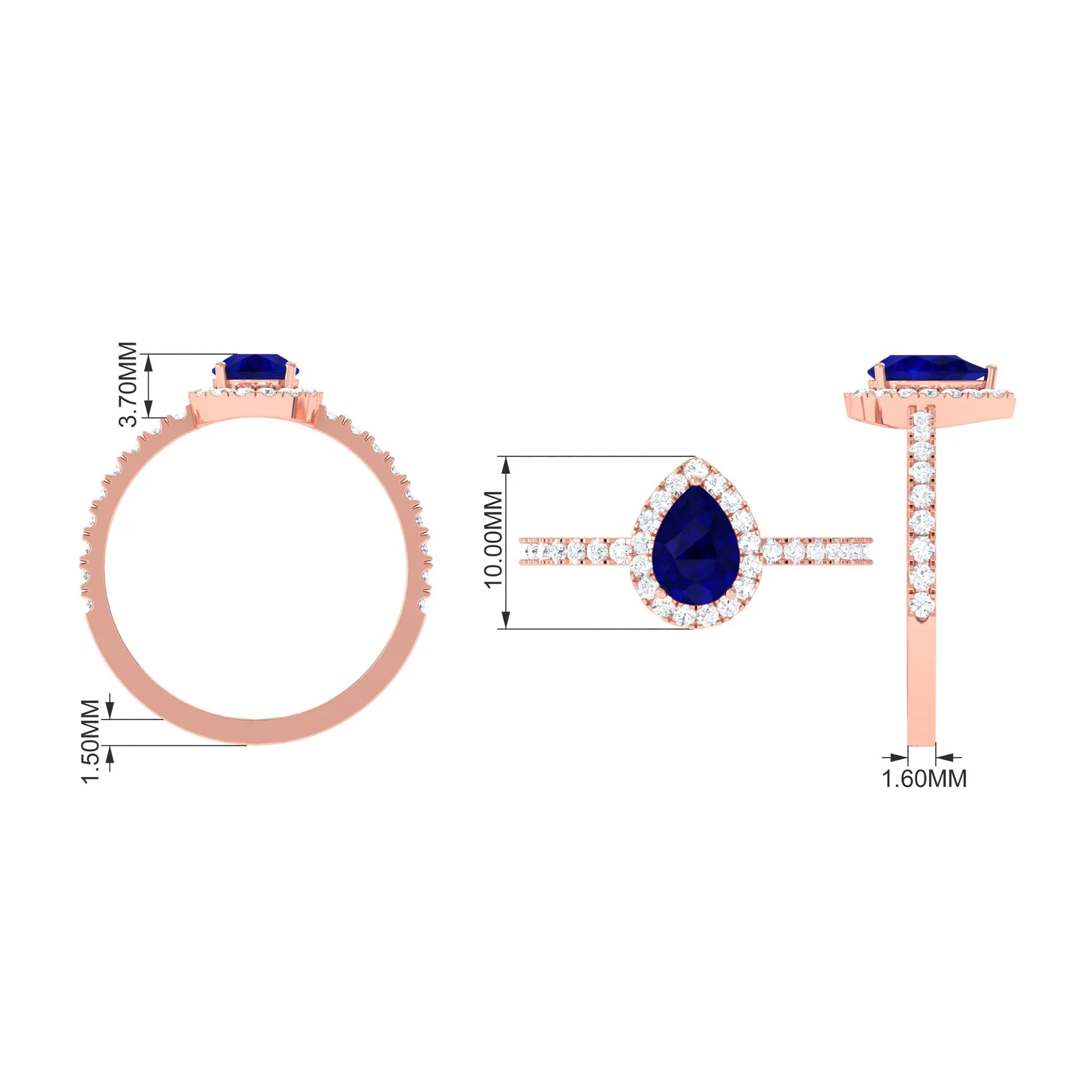 Natural Blue Sapphire and Diamond Teardrop Halo Engagement Ring