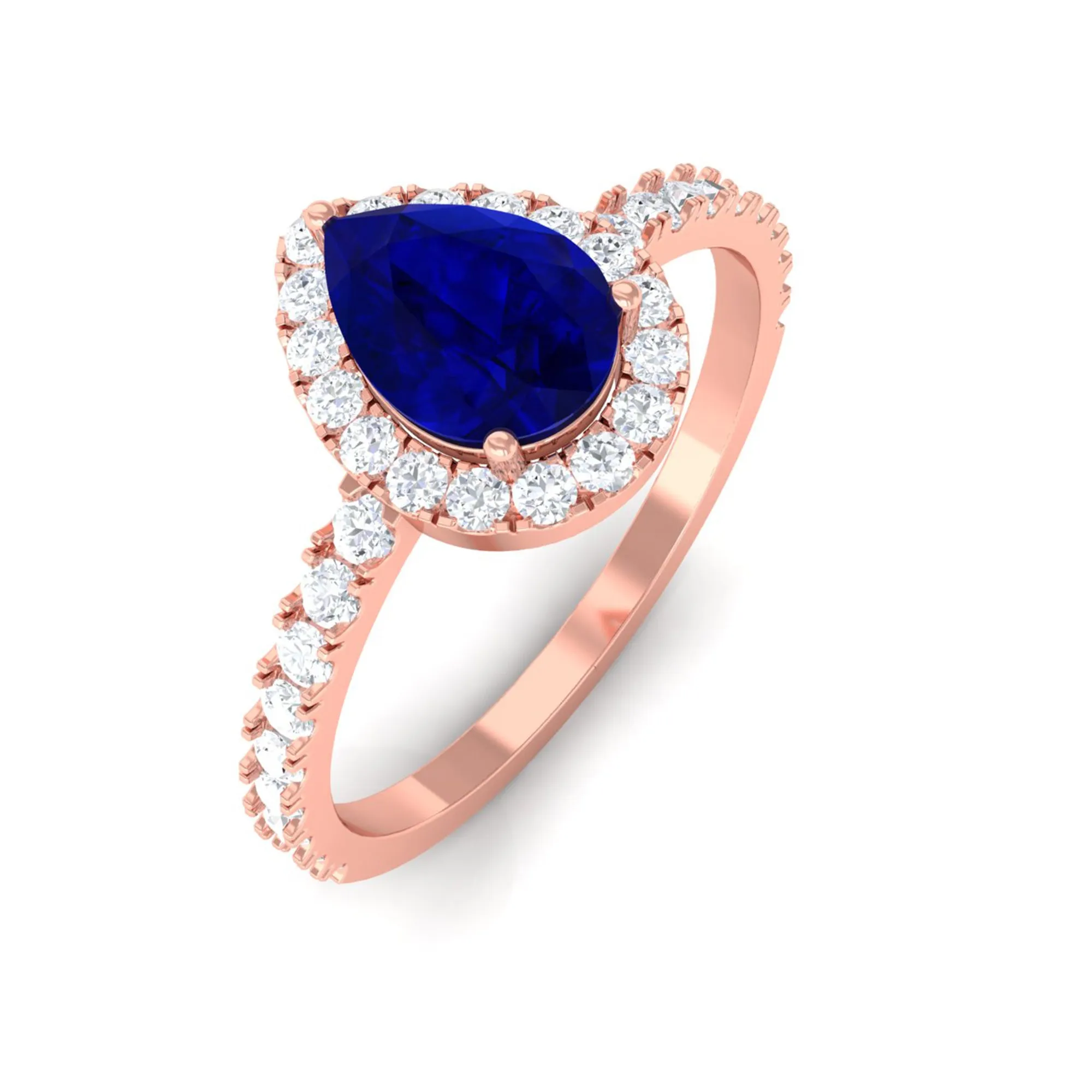 Natural Blue Sapphire and Diamond Teardrop Halo Engagement Ring