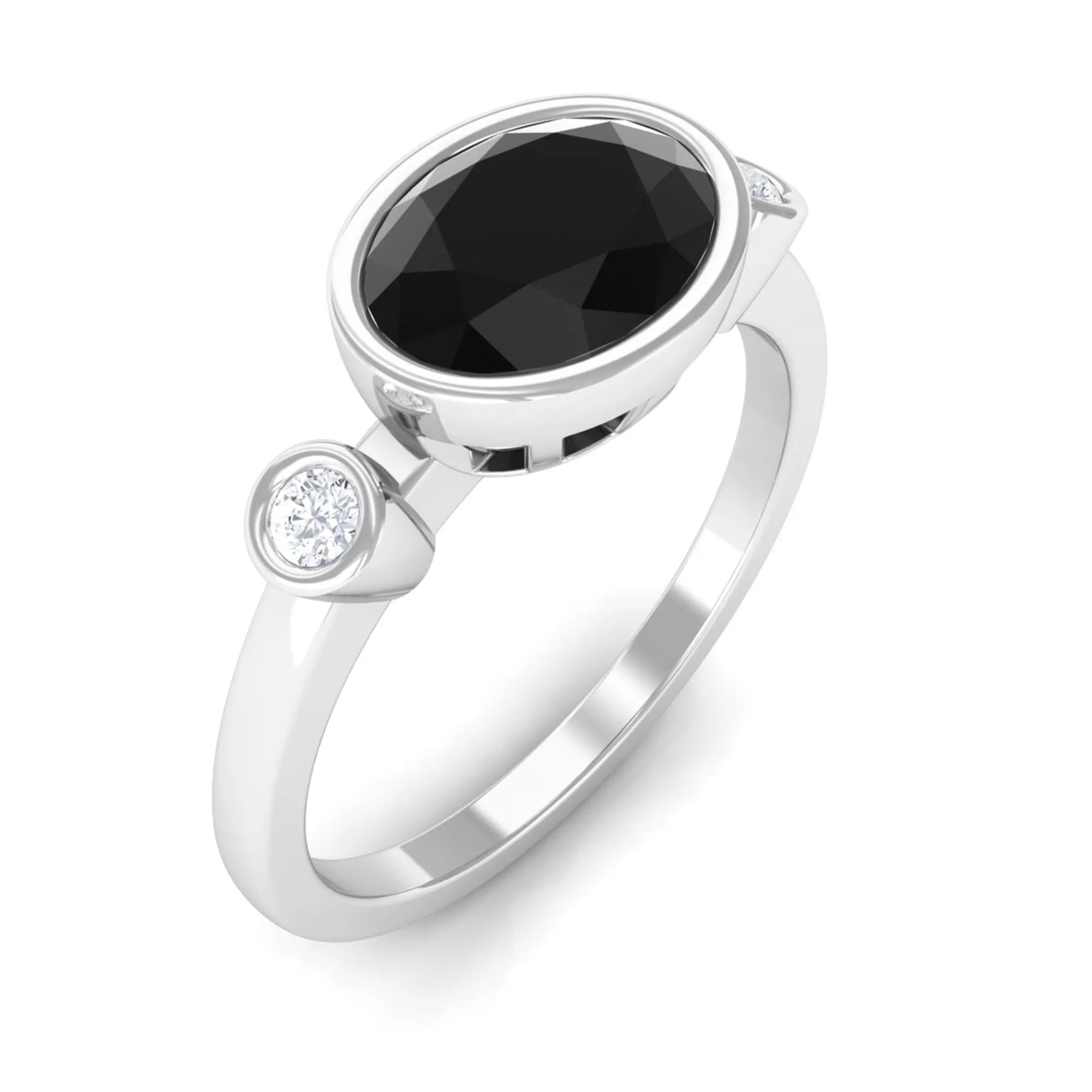 Oval Cut Solitaire Black Spinel East West Ring with Diamond