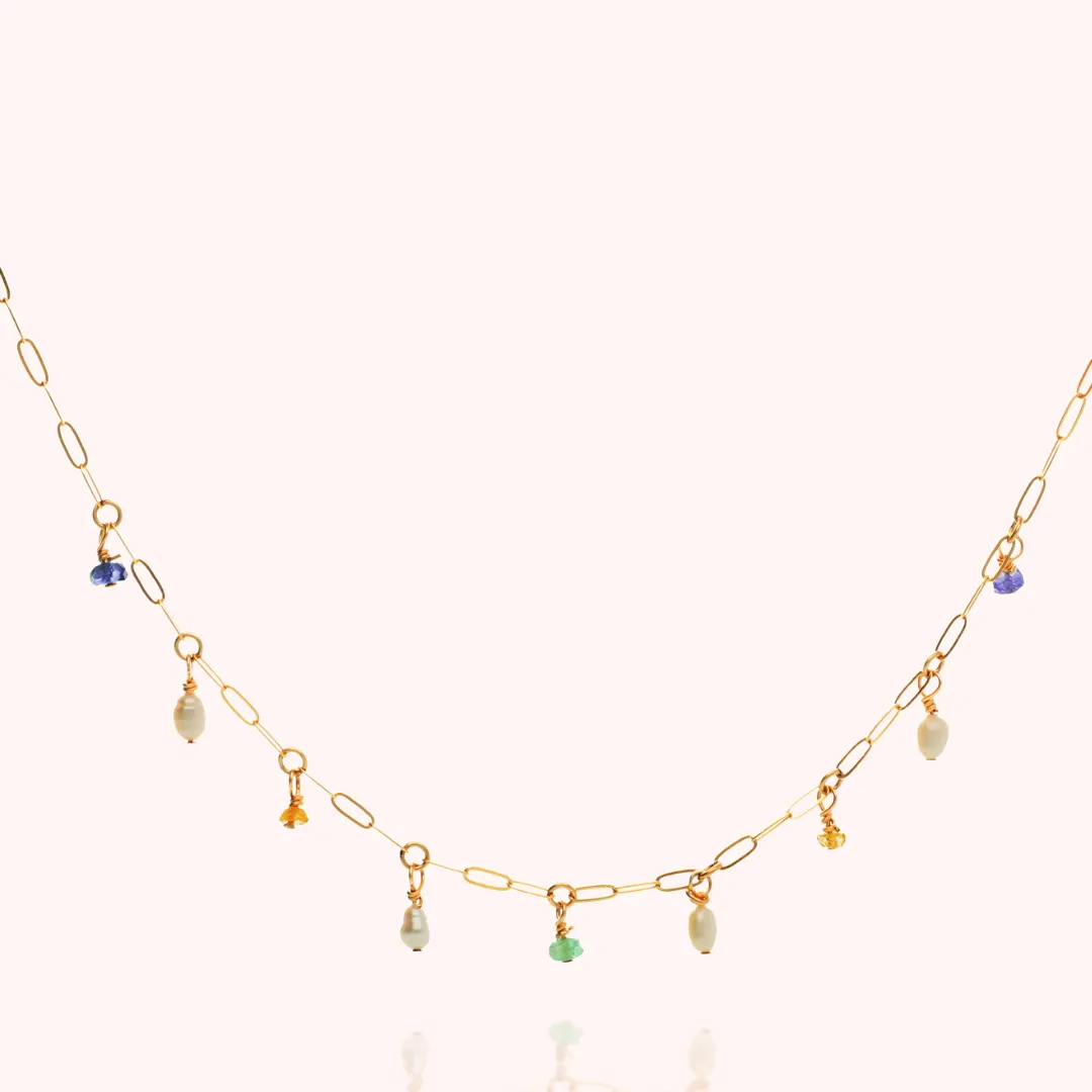 Pearl, Tanzanite and Peridot Hanging Stones Necklace