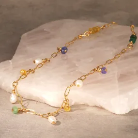 Pearl, Tanzanite and Peridot Hanging Stones Necklace