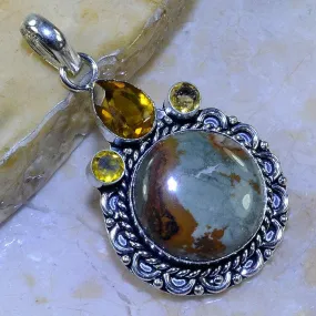PICTURE JASPER, CITRINE PENDANT .925 SILVER PENDANT 2.75"   20" CORD