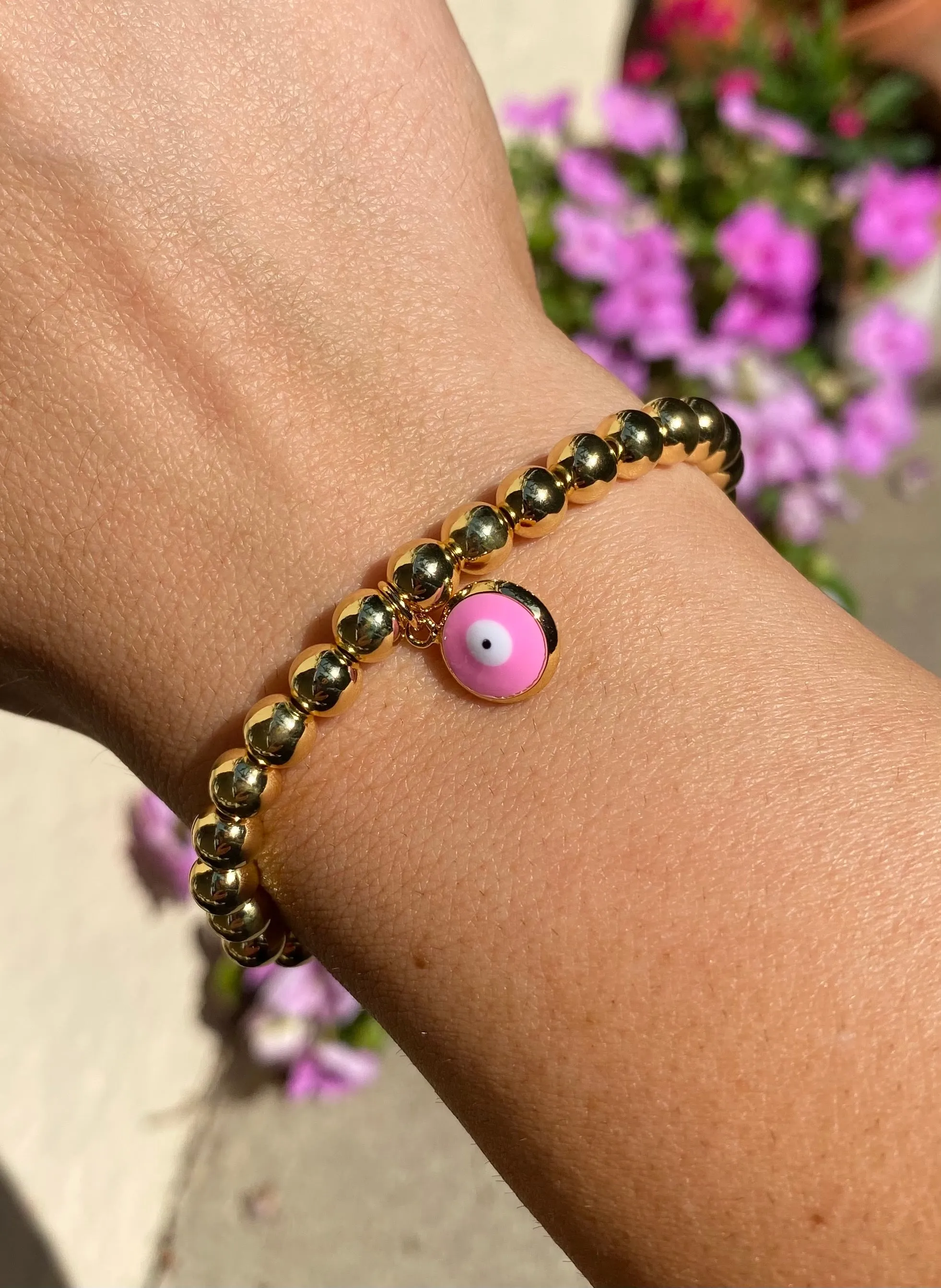 Pink Evil Eye Bead Bracelet in Gold