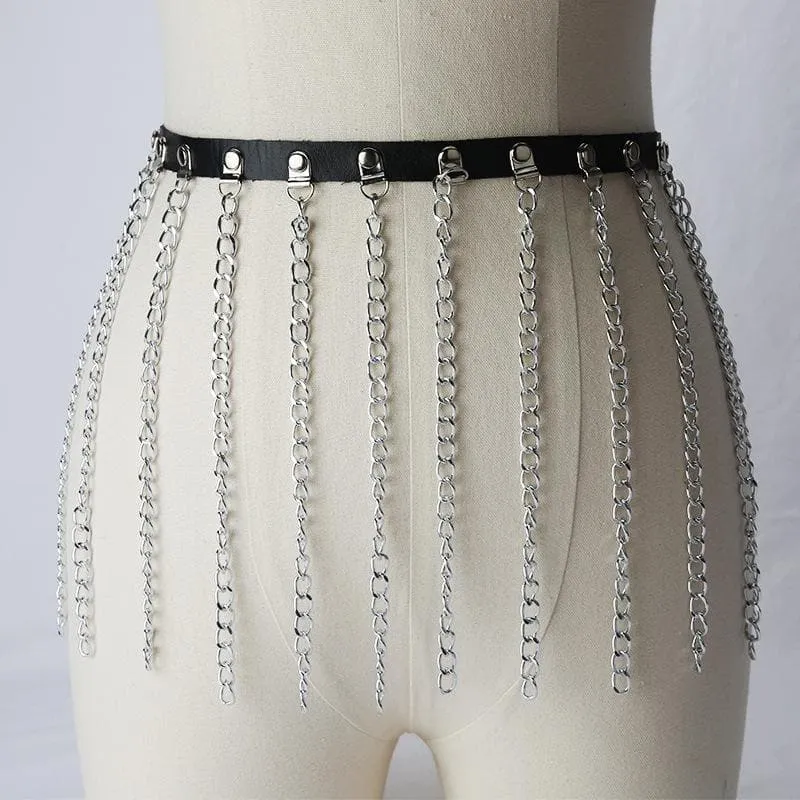 PU leather metal chain tassels belt