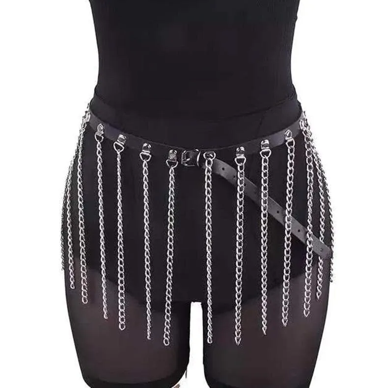 PU leather metal chain tassels belt