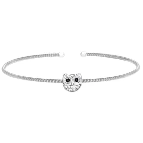 Rhodium Finish Sterling Silver Cable Cuff Owl Bracelet with Simulated Diamonds - LL7080B-RH