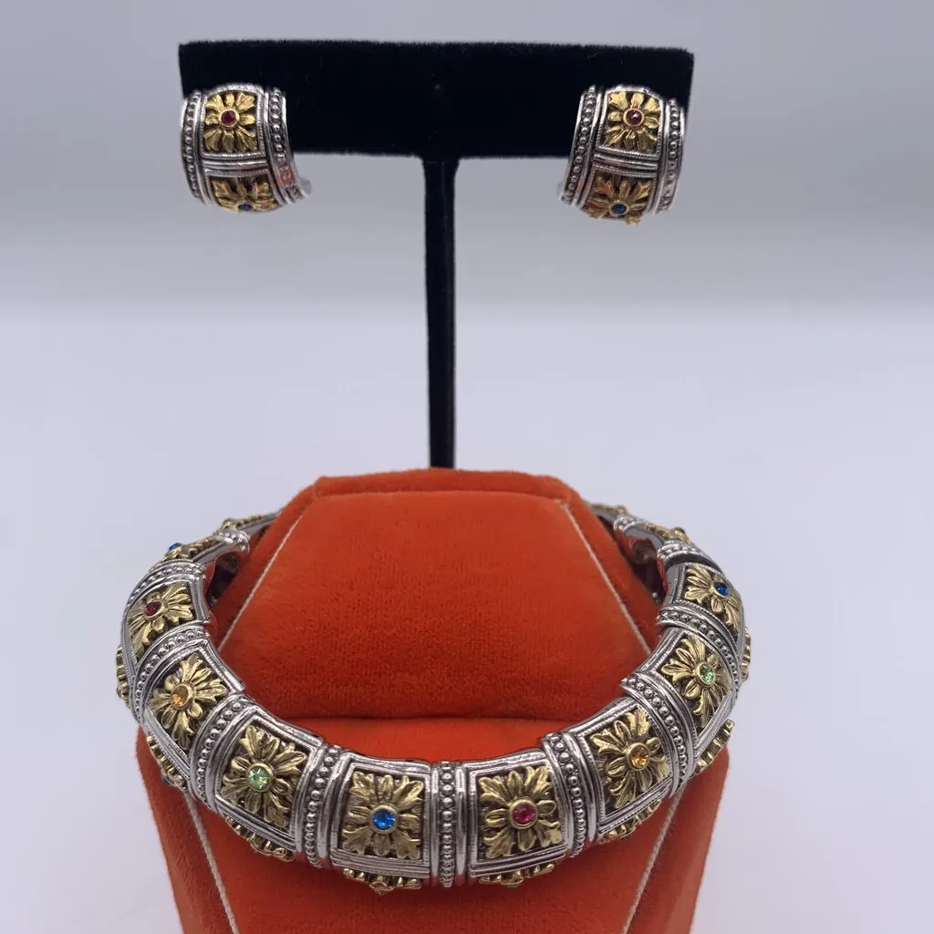 Signed Joan Rivers Silver and Gold Tone Crystal Gem Stretch Bracelet and Earrings Set /hge