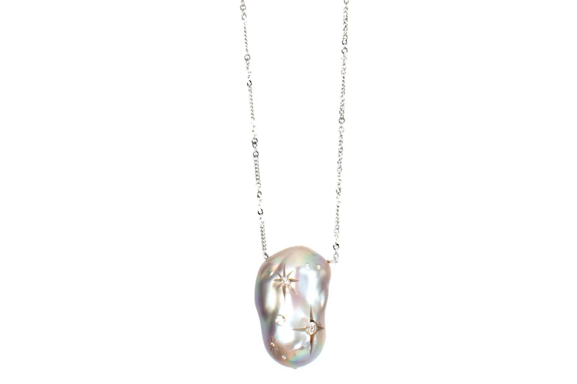 Silver Baroque Fresh Water Pearl and Diamond Galaxy Necklace