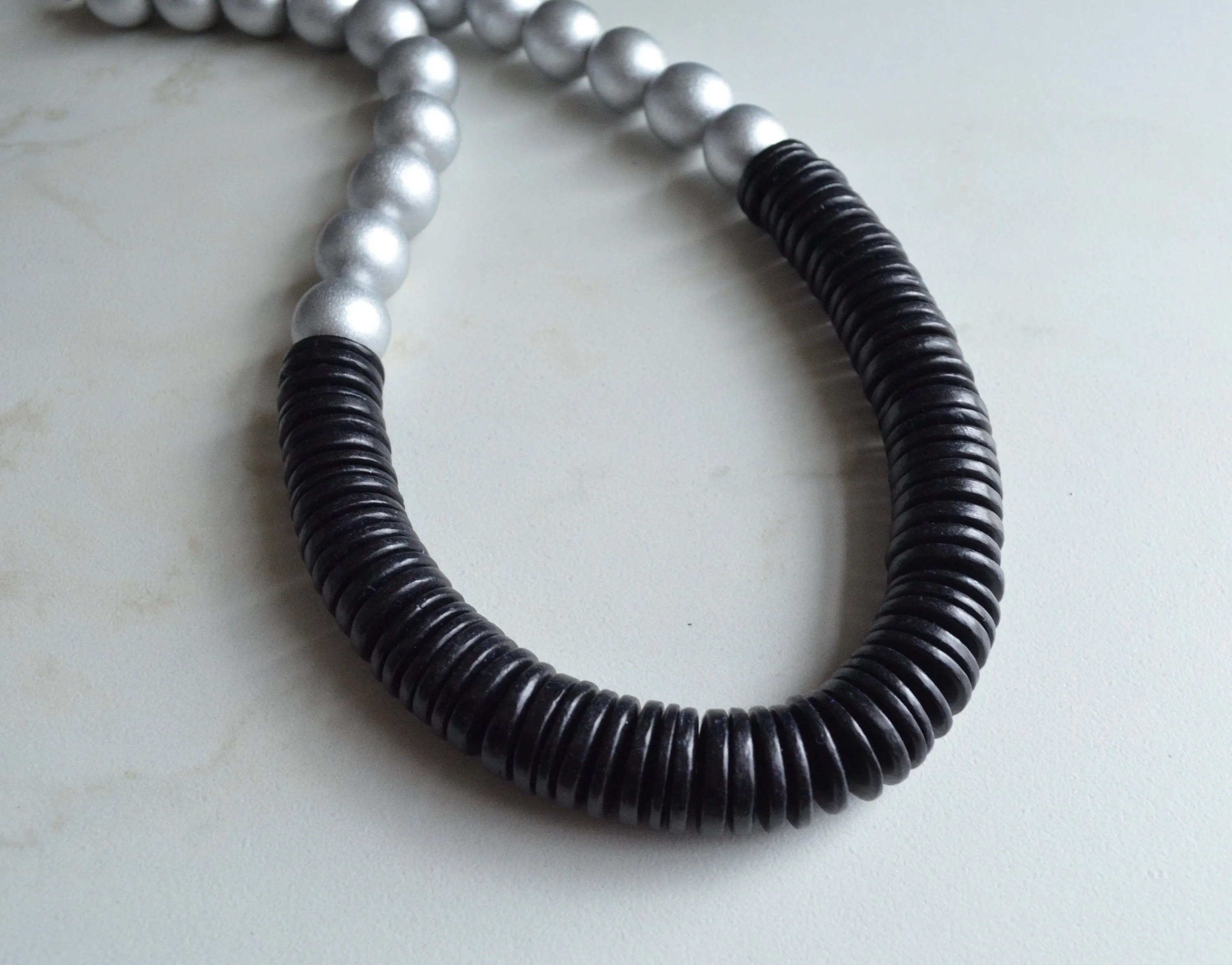 Silver Black Wood Chunky Long Womens Boho Statement Necklace - Elena