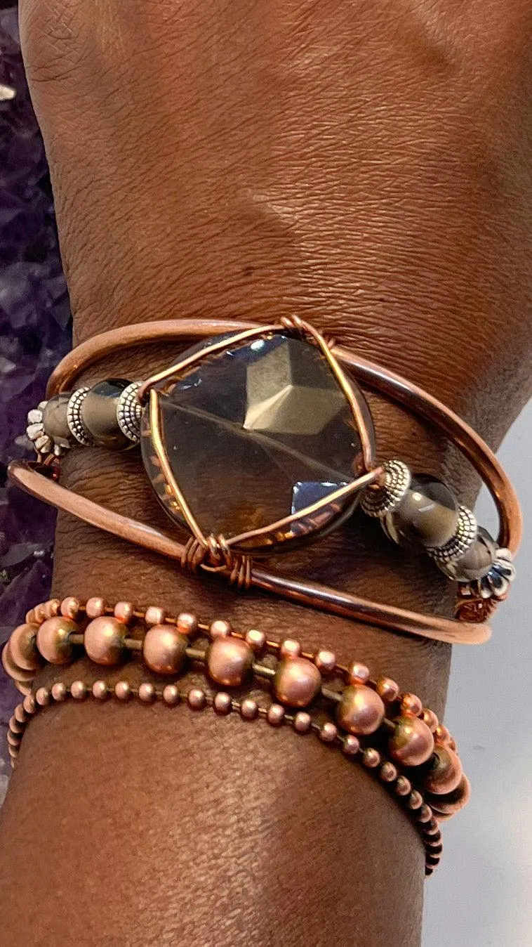 Smoky Quartz with Smoky Quartz Side Stones  Crystal Copper Bracelet Wire wrapped Handmade