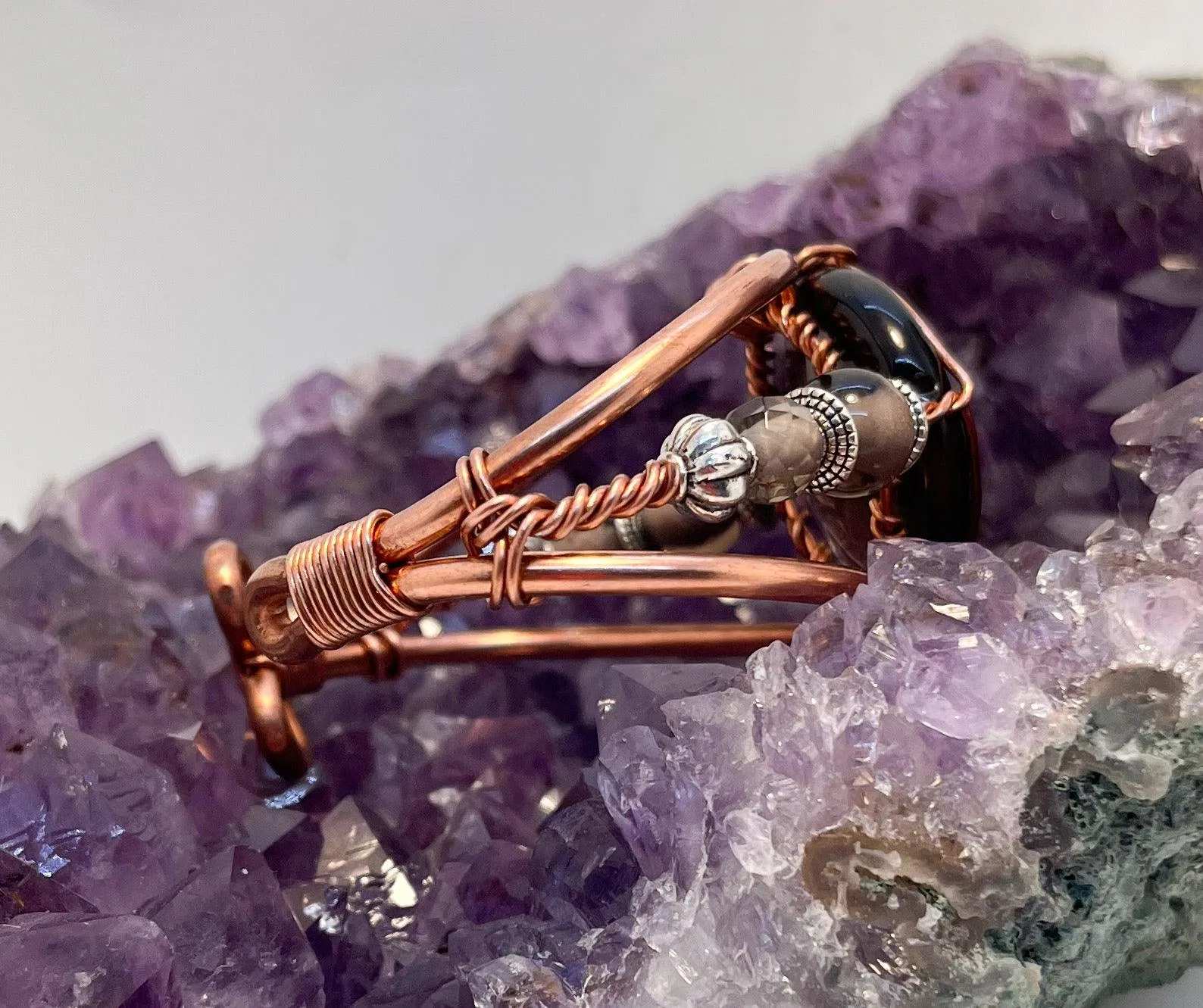 Smoky Quartz with Smoky Quartz Side Stones  Crystal Copper Bracelet Wire wrapped Handmade