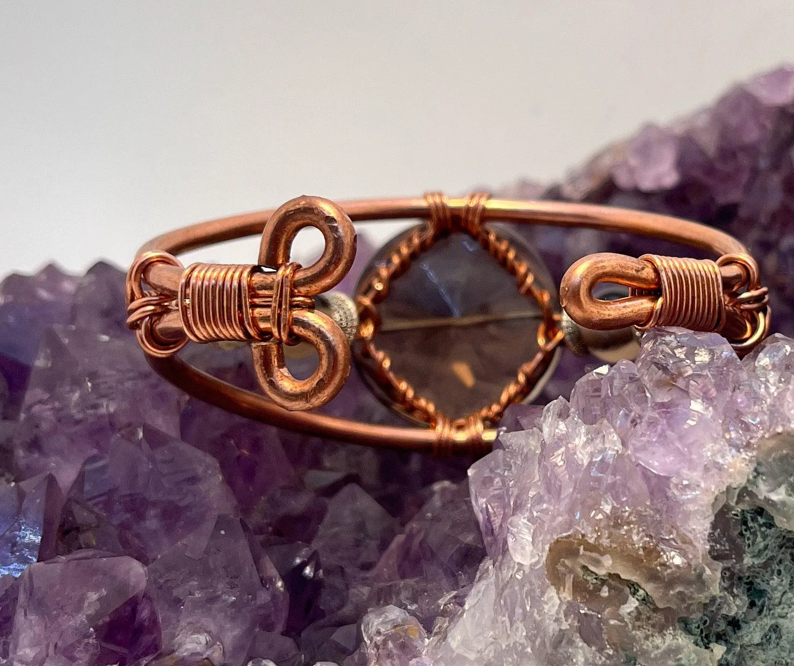 Smoky Quartz with Smoky Quartz Side Stones  Crystal Copper Bracelet Wire wrapped Handmade