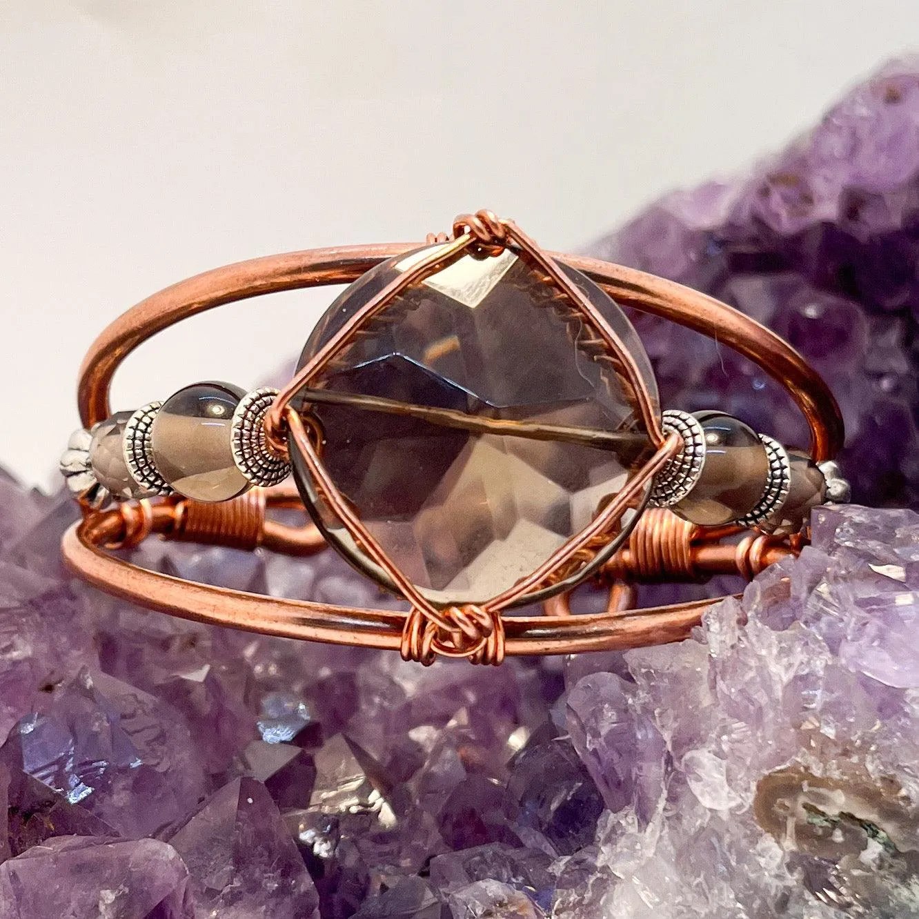 Smoky Quartz with Smoky Quartz Side Stones  Crystal Copper Bracelet Wire wrapped Handmade