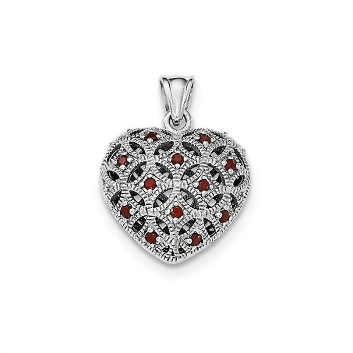 Sterling Silver Rhodium-Plated with Garnet January Birthstone Heart Pendant