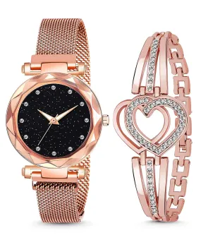 SWADESI STUFF Multicolor Metal Strap Magnet Watch & Heart Shape Diamond Bracelet Combo for Women & Girls (Rose Gold)