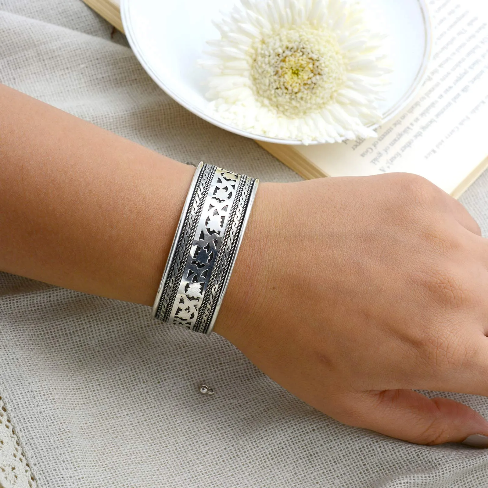TEEJH Chaya Floral Embossed Silver Oxidized Cuff for Women