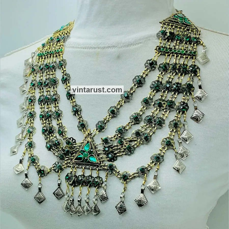 Tribal Statement Green Layered Bib Necklace