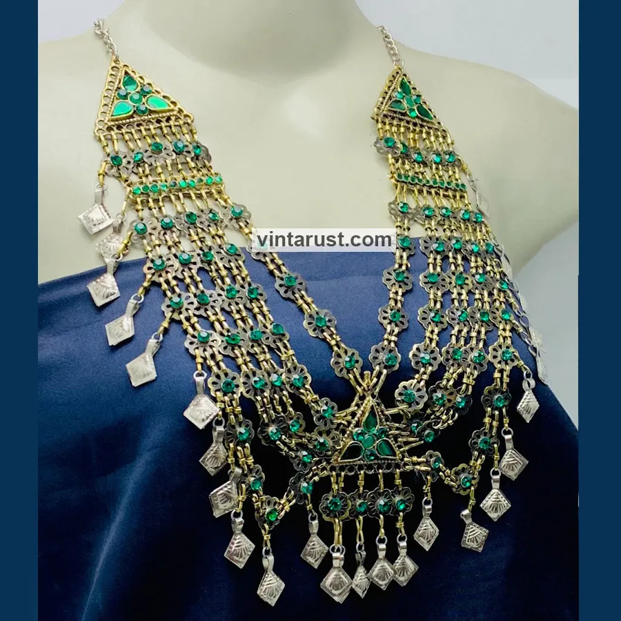 Tribal Statement Green Layered Bib Necklace