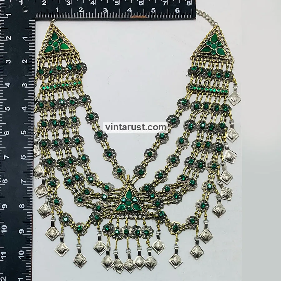 Tribal Statement Green Layered Bib Necklace