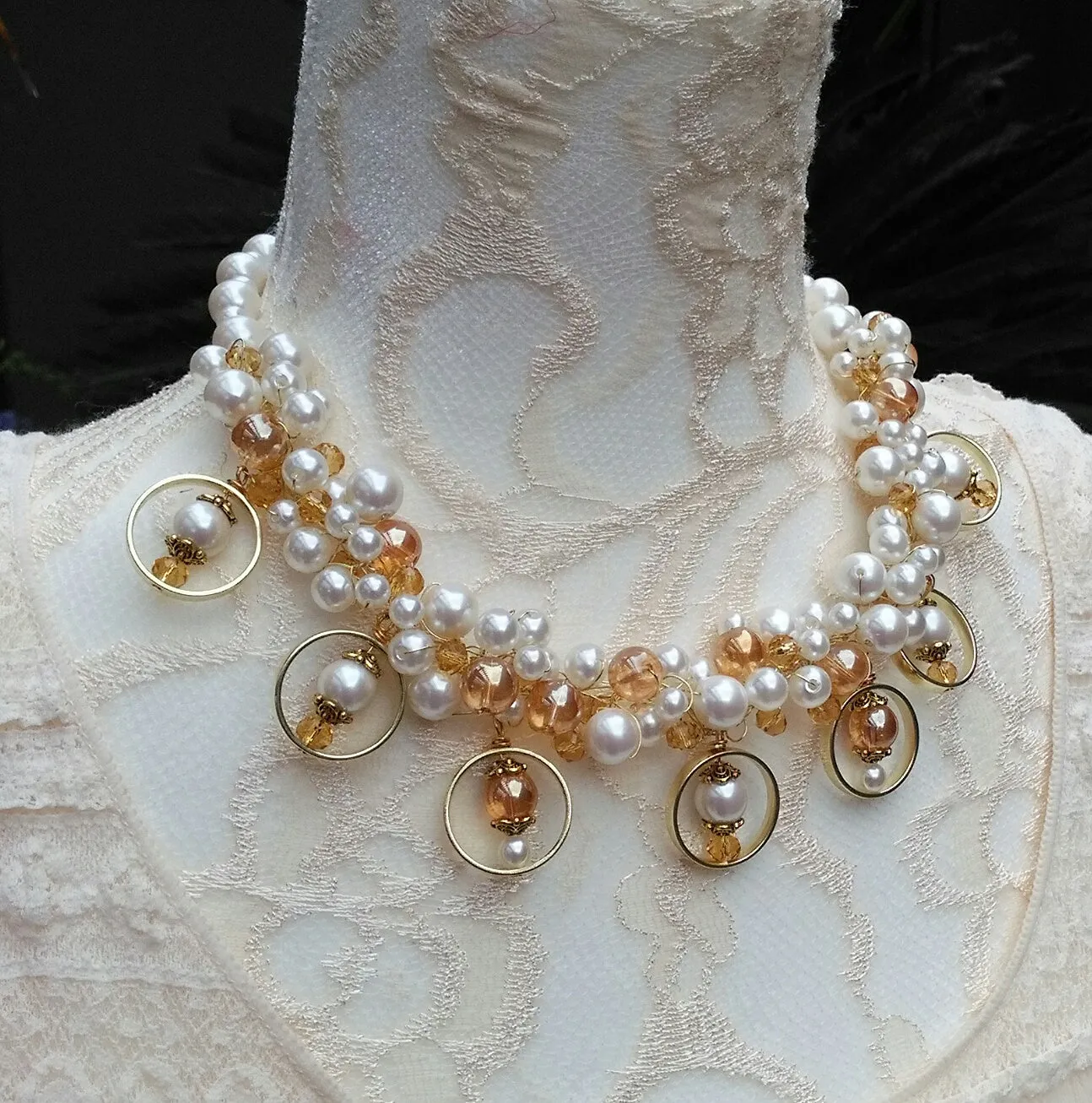 Unique Pearl Bridal Statement Necklace, Chunky Wedding Necklace, OOAK Fancy Gift for Her