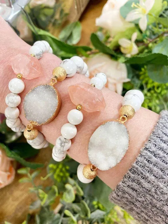 White Bead and Blush Quartz Bracelet