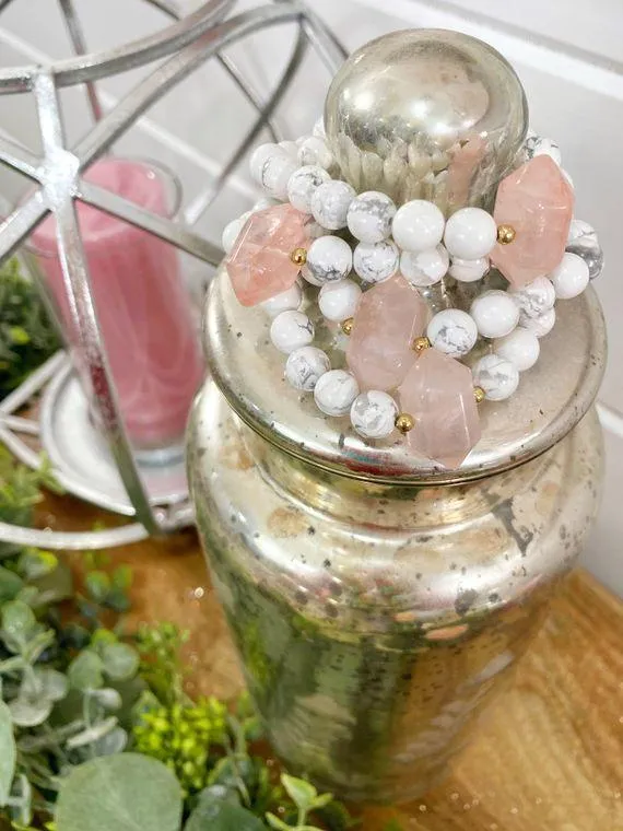 White Bead and Blush Quartz Bracelet